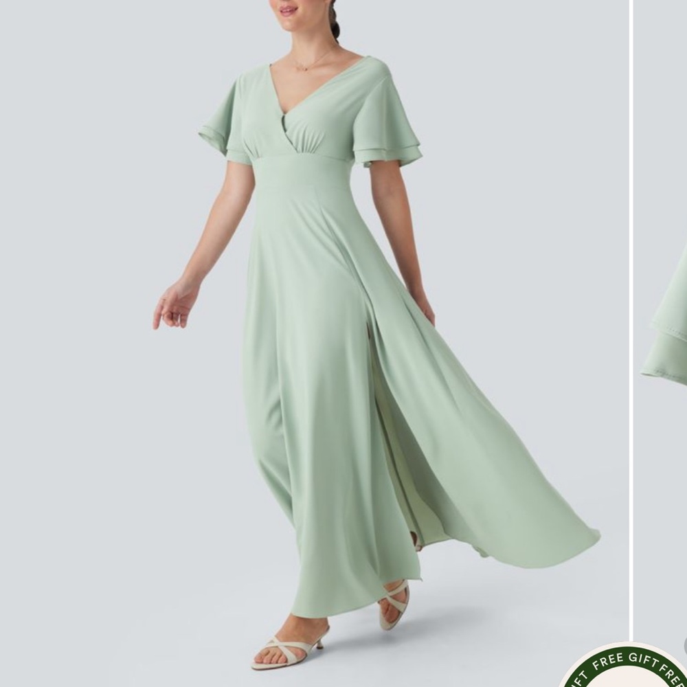HALARA V Neck Short Sleeve Maxi Dress in Celadon Green